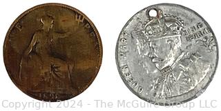 1911 Coronation of King George V & Queen Mary Souvenir Medallion Fob Medal and 1898 Queen Victoria one penny coin