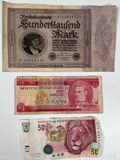 Foreign Bank Notes Including South Africa 50 Rand, Barbados Dollar, 1923 German 100000 Mark Note