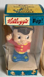 Kellogg's Snap Crackle Pop Squeezable Figures in Original Boxes & 1950's Rock Valley Alps Bubble Blowing Monkey. Battery Operated Toy in Original Box