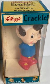 Kellogg's Snap Crackle Pop Squeezable Figures in Original Boxes & 1950's Rock Valley Alps Bubble Blowing Monkey. Battery Operated Toy in Original Box