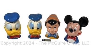 1971 Mickey Mouse, Donald Duck, Pinocchio head Vinyl Plastic Coin Banks Play Pal Plastics Disney