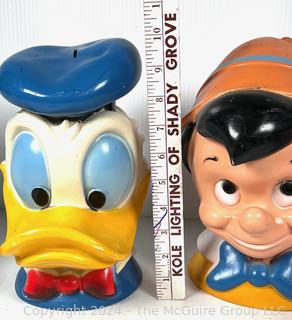 1971 Mickey Mouse, Donald Duck, Pinocchio head Vinyl Plastic Coin Banks Play Pal Plastics Disney