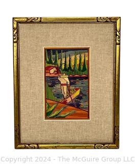 Framed Hand Made Mexican Poptillo Straw Art of Man with Boat. 8.5 x 10.5"