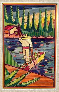 Framed Hand Made Mexican Poptillo Straw Art of Man with Boat. 8.5 x 10.5"