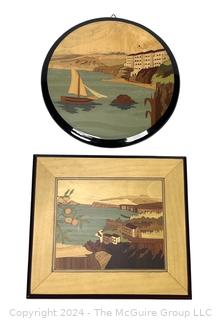 Two (2) Inlaid Marquetry Seascape Plaques from Cuomo Lucky Store Sorrento, Italy. 