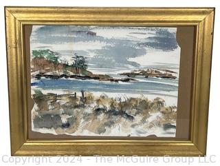 Framed Under Glass Watercolor of Rocky Shoreline, Unsigned with Rough Cut Edges.  12" x 16".