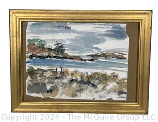 Framed Under Glass Watercolor of Rocky Shoreline, Unsigned with Rough Cut Edges.  12" x 16".