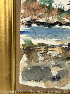 Framed Under Glass Watercolor of Rocky Shoreline, Unsigned with Rough Cut Edges.  12" x 16".