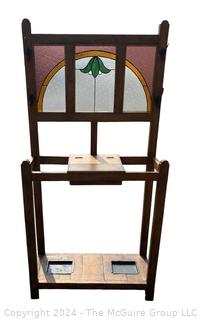 Arts & Crafts Hall Tree and Umbrella Stand with Leaded Glass Topper. Made in UK. 29 x 11 x 60"