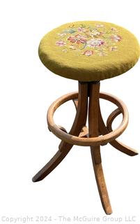 Bent Wood Bar Stool with Needlepoint Seat.  27" tall 14" diameter. 