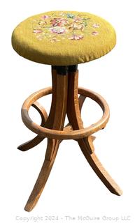 Bent Wood Bar Stool with Needlepoint Seat.  27" tall 14" diameter. 