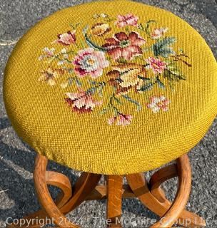 Bent Wood Bar Stool with Needlepoint Seat.  27" tall 14" diameter. 