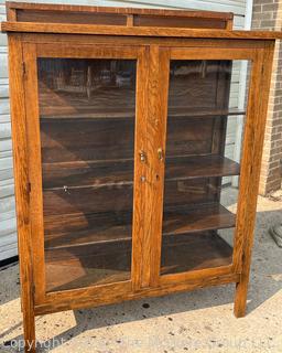 Arts & Craft Oak Double Glass Door China Cabinet Bookcase with Three Removable Wooden Shelves. 46w x 16d x 61" Tall