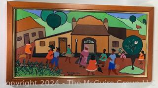 Framed Oil on Canvas of Haitian Village Signed by Artist Daveo Silva  18" x 35".