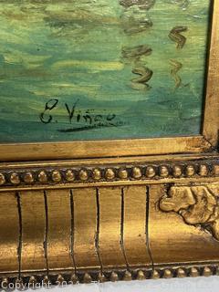 Gilt Framed Oil on Canvas of Harbor Scene Signed By Artist E Vinou  26" x 33"