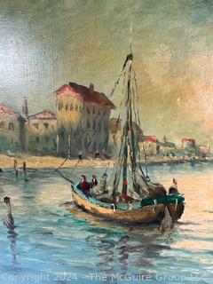 Gilt Framed Oil on Canvas of Harbor Scene Signed By Artist E Vinou  26" x 33"