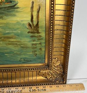 Gilt Framed Oil on Canvas of Harbor Scene Signed By Artist E Vinou  26" x 33"