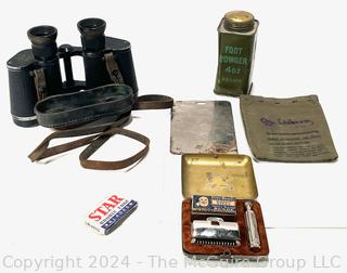 WWII Army Combat Medic Field Binoculars, German Field Signaling Mirror, Shaving Set and Foot Powder Tin