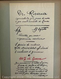 Io a Te (I to You) by Dinah Nelken with Translation in Italian by Eugenio Vaquer, circa 1940.  A love story told in diary form depicted through letters, postcards, telegrams, and various tickets (train and cinema) affixed to the page with colorful drawings. 