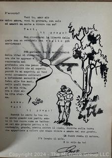 Io a Te (I to You) by Dinah Nelken with Translation in Italian by Eugenio Vaquer, circa 1940.  A love story told in diary form depicted through letters, postcards, telegrams, and various tickets (train and cinema) affixed to the page with colorful drawings. 