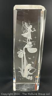 Beveled 3-D Laser Etched Fairy Garden Crystal Glass Paperweight 