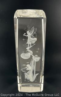 Beveled 3-D Laser Etched Fairy Garden Crystal Glass Paperweight 