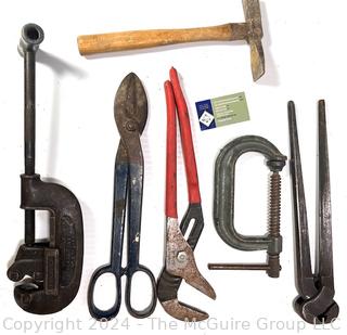 Hand Tools Including Pipe Cutter, Pliers, Hammer, Tin Snips & Clamp