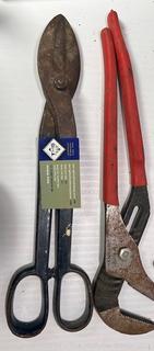 Hand Tools Including Pipe Cutter, Pliers, Hammer, Tin Snips & Clamp