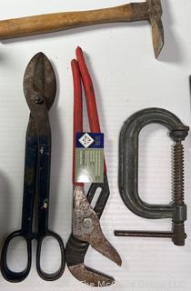 Hand Tools Including Pipe Cutter, Pliers, Hammer, Tin Snips & Clamp