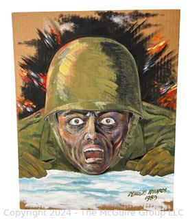 Unframed Original Paint on Box Cardboard Titled Combat Horror Signed by Artist Douglas Edwards. 16" x 20"