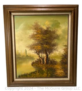 Framed Oil on Canvas of Landscape with Church Signed by Artist William Henry Harlock (1886–1909) New Zealand. 31" x 27" 