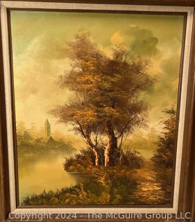 Framed Oil on Canvas of Landscape with Church Signed by Artist William Henry Harlock (1886–1909) New Zealand. 31" x 27" 