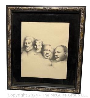 Framed Under Glass Print of Mt. Rushmore Featuring African American Leaders Frederick Douglass, Harriet Tubman, Malcolm X, Martin Luther King. Signed by Artist Ribes. 1980. 20" x 23"