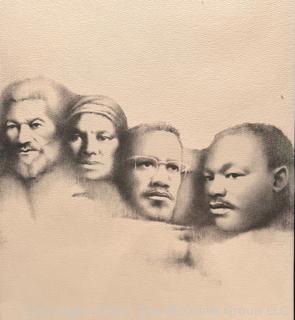 Framed Under Glass Print of Mt. Rushmore Featuring African American Leaders Frederick Douglass, Harriet Tubman, Malcolm X, Martin Luther King. Signed by Artist Ribes. 1980. 20" x 23"