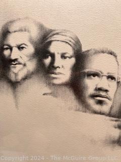 Framed Under Glass Print of Mt. Rushmore Featuring African American Leaders Frederick Douglass, Harriet Tubman, Malcolm X, Martin Luther King. Signed by Artist Ribes. 1980. 20" x 23"