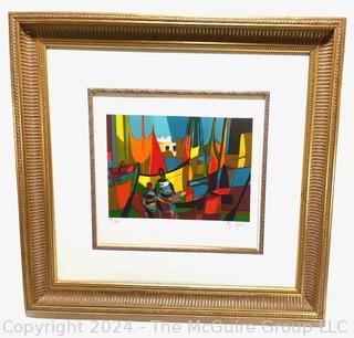 Framed Under Glass Limited Edition Lithograph Abstract of "Navires au Port" Signed & Numbered   by Marcel Mouly.  24" x 23"