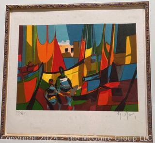 Framed Under Glass Limited Edition Lithograph Abstract of "Navires au Port" Signed & Numbered   by Marcel Mouly.  24" x 23"