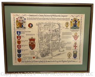 Framed Under Glass Heraldry of County Palatine, Durham, England.  12" x 26"