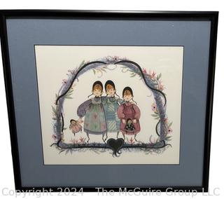 Framed Under Glass Print of "Sisters Together" Pencil Signed and Numbered by Artist  P.Buckley Moss. 14" x 16"