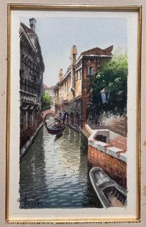 Framed Under Glass Watercolor of Venice Canal Signed by Artist.  10" x 13"