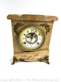 Footed Alabaster Wind-up Mantle Clock with USA Movement (Chime) and Gilt Accents. New Haven Trademark