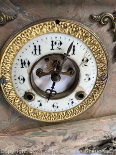 Footed Alabaster Wind-up Mantle Clock with USA Movement (Chime) and Gilt Accents. New Haven Trademark