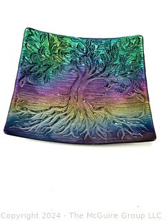 Iridescent Bas Tree Relief Art Glass Dish.  11" square 