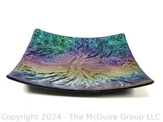 Iridescent Bas Tree Relief Art Glass Dish.  11" square 