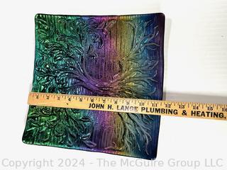 Iridescent Bas Tree Relief Art Glass Dish.  11" square 