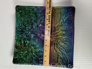 Iridescent Bas Tree Relief Art Glass Dish.  11" square 