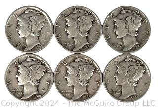 Six (6) Mercury Silver 10 Cent Dime Coins 1940 US 