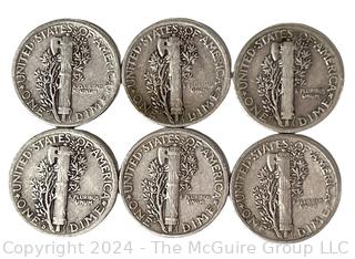 Six (6) Mercury Silver 10 Cent Dime Coins 1940 US 