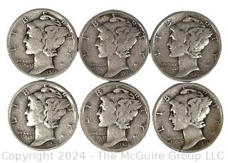 Six (6) Mercury Silver 10 Cent Dime Coins 1938 US