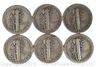 Six (6) Mercury Silver 10 Cent Dime Coins 1938 US